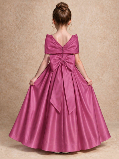 Off Shoulder Satin Flower Girl Dress Pearl Trim Big Bow Princess Gown for Wedding First Communion