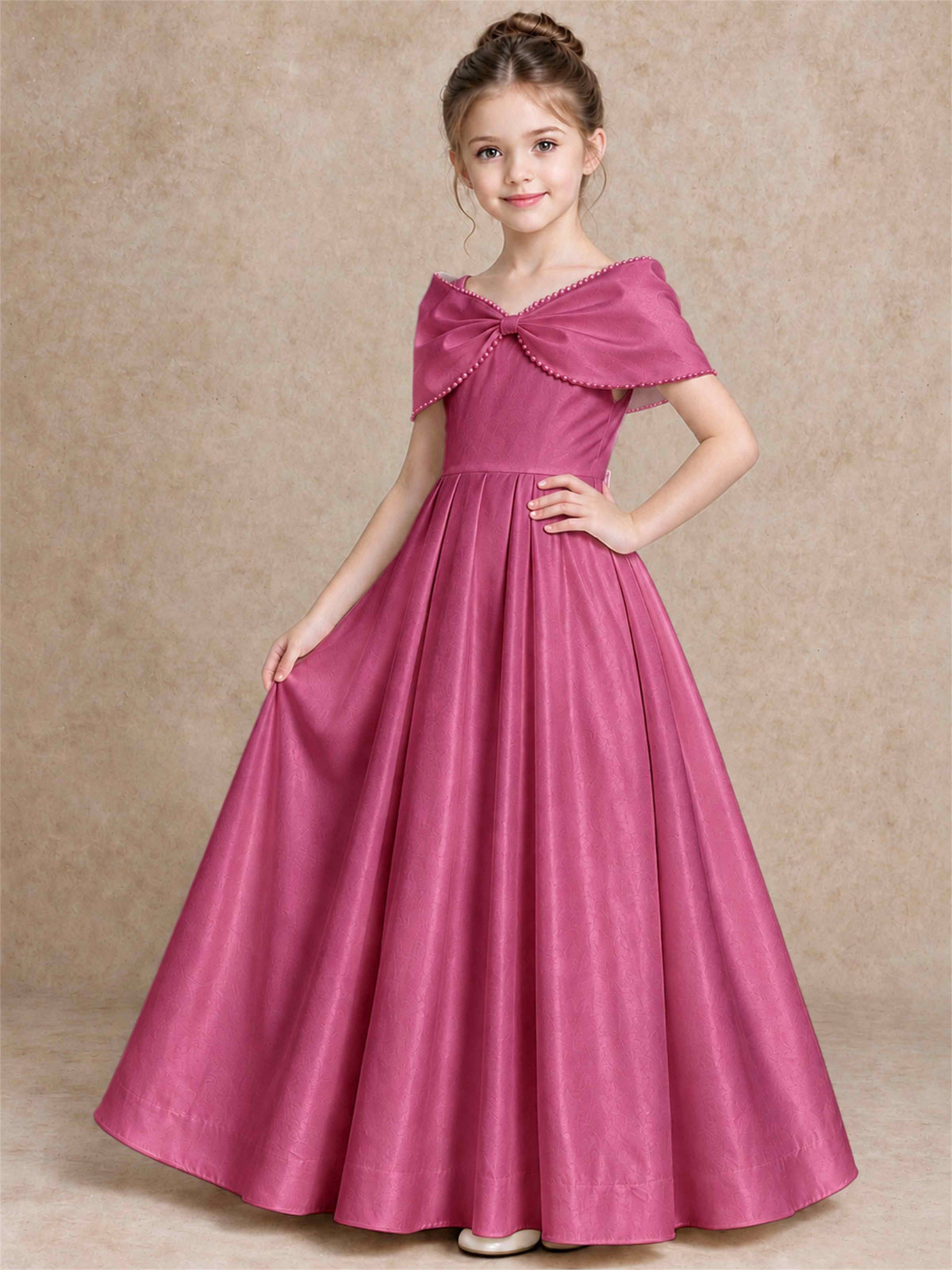 Off Shoulder Satin Flower Girl Dress Pearl Trim Big Bow Princess Gown for Wedding First Communion