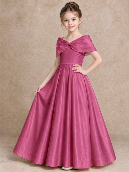 Off Shoulder Satin Flower Girl Dress Pearl Trim Big Bow Princess Gown for Wedding First Communion