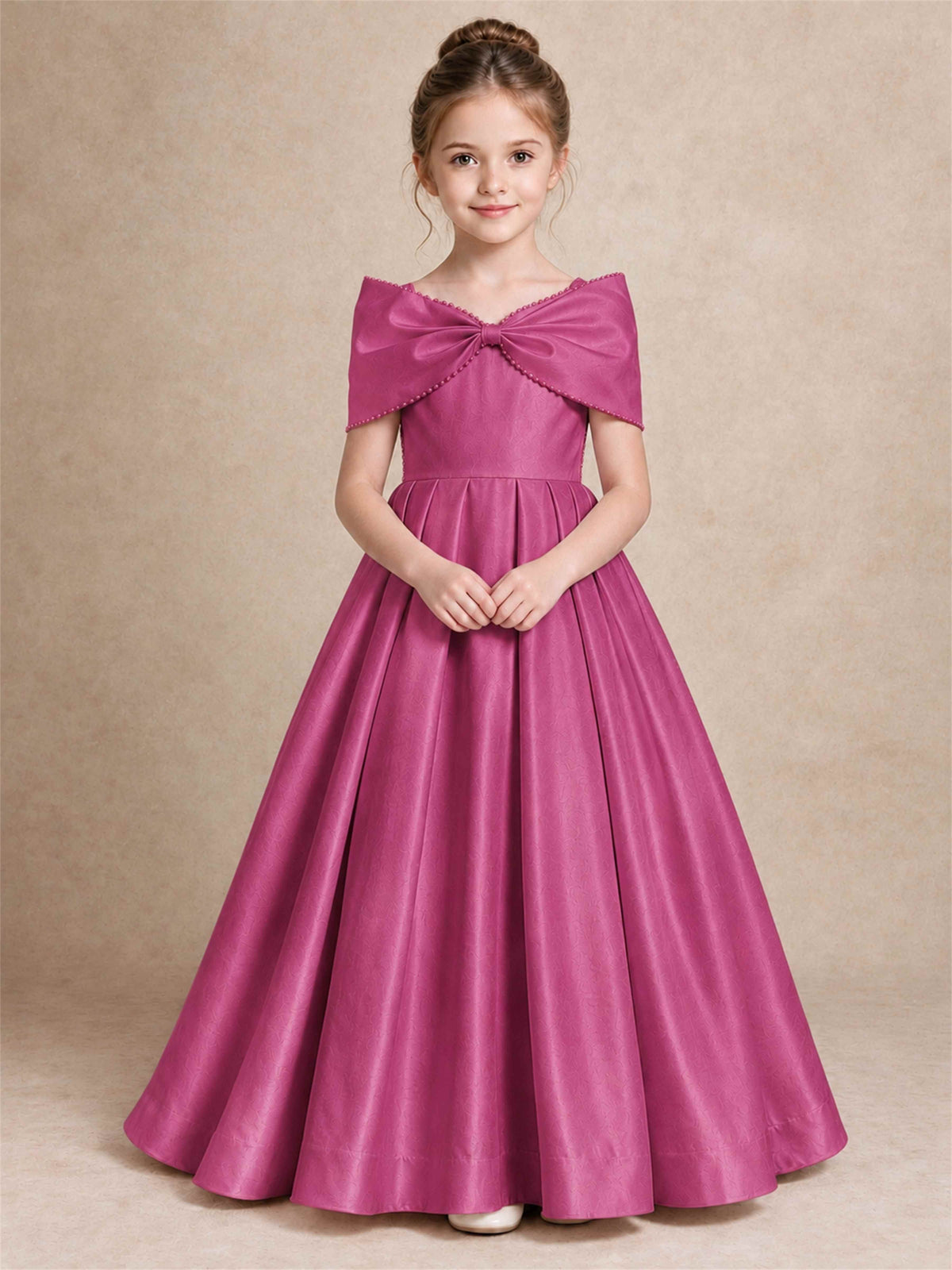 Off Shoulder Satin Flower Girl Dress Pearl Trim Big Bow Princess Gown for Wedding First Communion