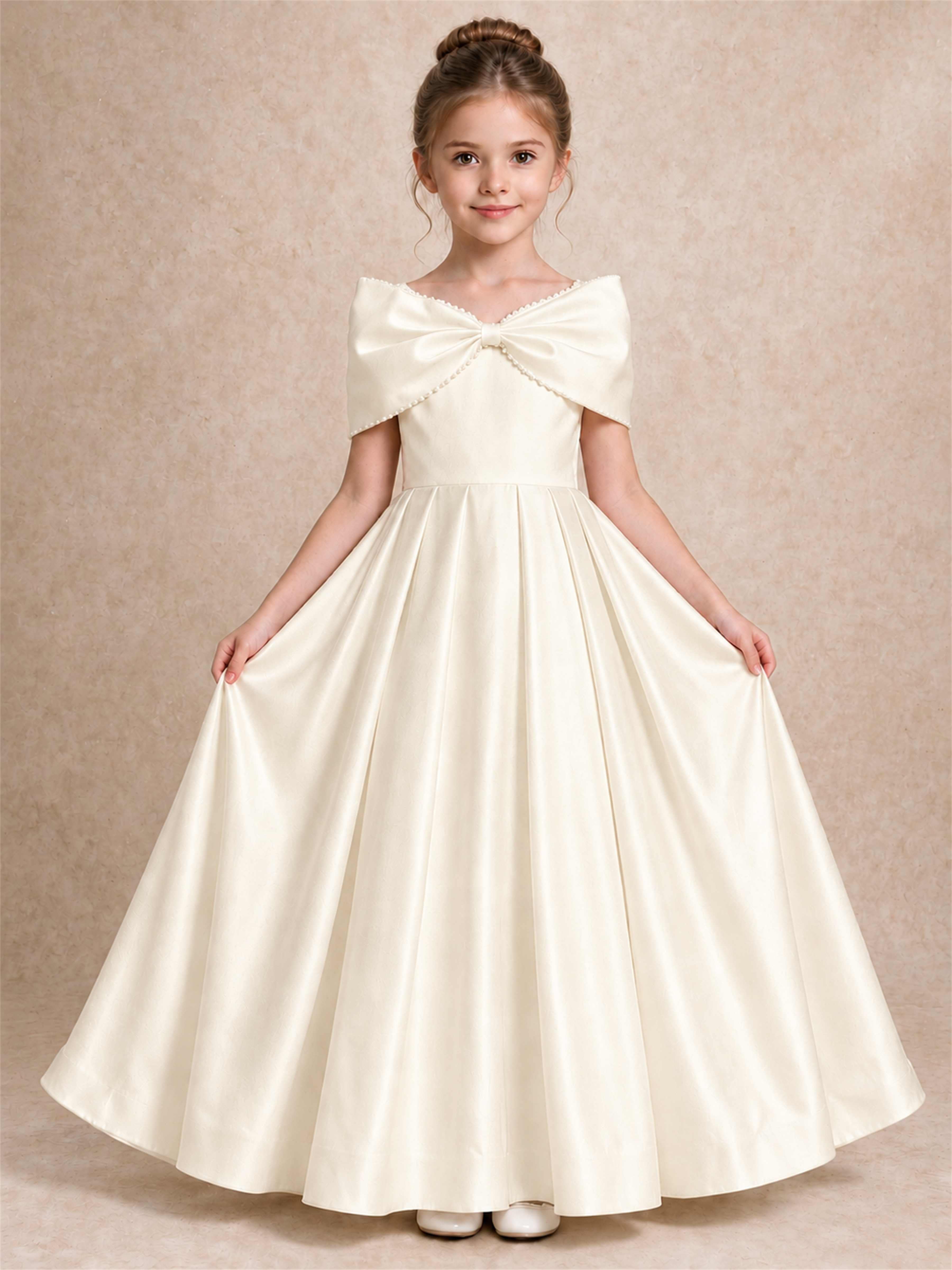 Off Shoulder Satin Flower Girl Dress Pearl Trim Big Bow Princess Gown ...