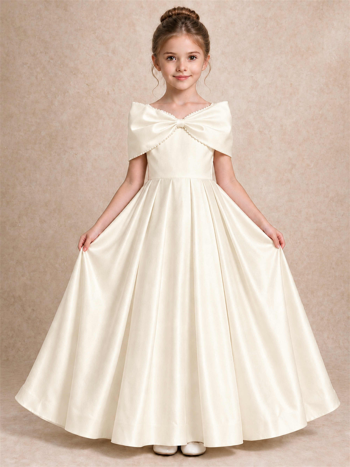 Off Shoulder Satin Flower Girl Dress Pearl Trim Big Bow Princess Gown for Wedding First Communion