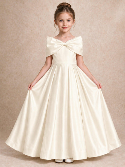 Off Shoulder Satin Flower Girl Dress Pearl Trim Big Bow Princess Gown for Wedding First Communion