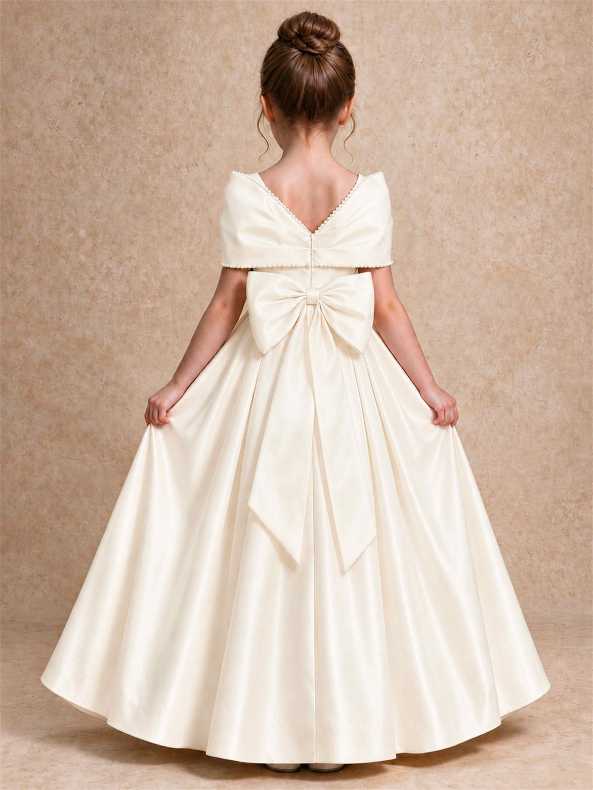 Off Shoulder Satin Flower Girl Dress Pearl Trim Big Bow Princess Gown for Wedding First Communion