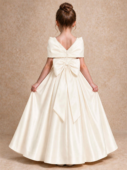 Off Shoulder Satin Flower Girl Dress Pearl Trim Big Bow Princess Gown for Wedding First Communion
