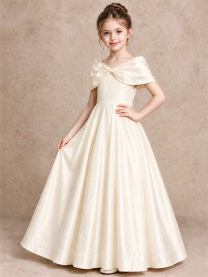 Off Shoulder Satin Flower Girl Dress Pearl Trim Big Bow Princess Gown for Wedding First Communion