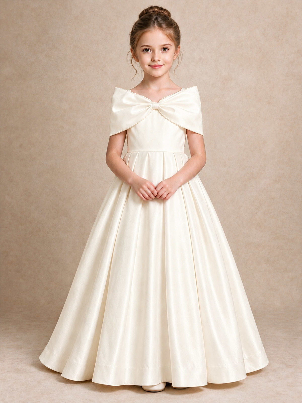 Off Shoulder Satin Flower Girl Dress Pearl Trim Big Bow Princess Gown for Wedding First Communion