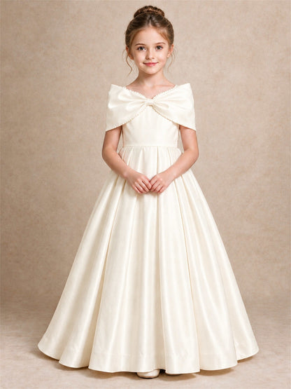 Off Shoulder Satin Flower Girl Dress Pearl Trim Big Bow Princess Gown for Wedding First Communion