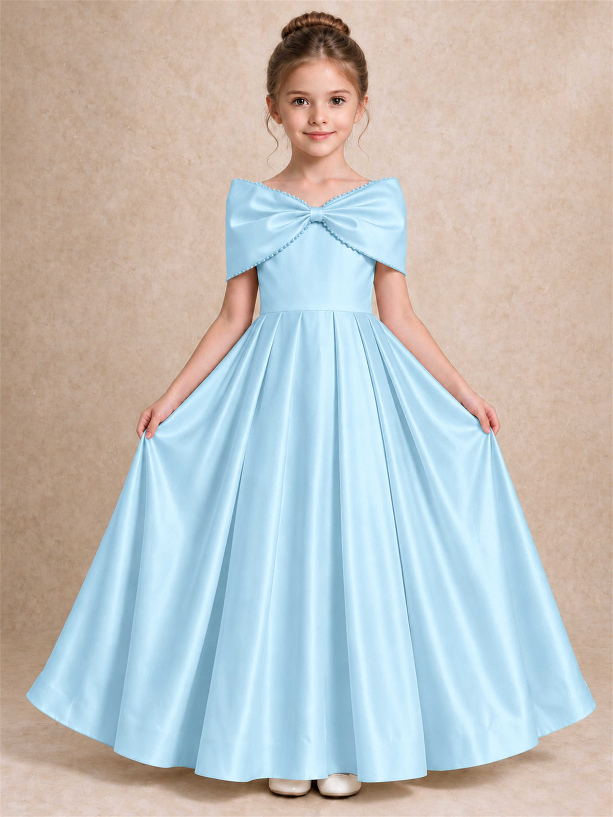 Off Shoulder Satin Flower Girl Dress Pearl Trim Big Bow Princess Gown for Wedding First Communion