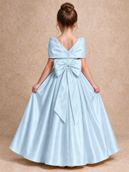 Off Shoulder Satin Flower Girl Dress Pearl Trim Big Bow Princess Gown for Wedding First Communion