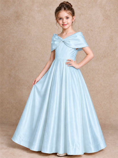 Off Shoulder Satin Flower Girl Dress Pearl Trim Big Bow Princess Gown for Wedding First Communion