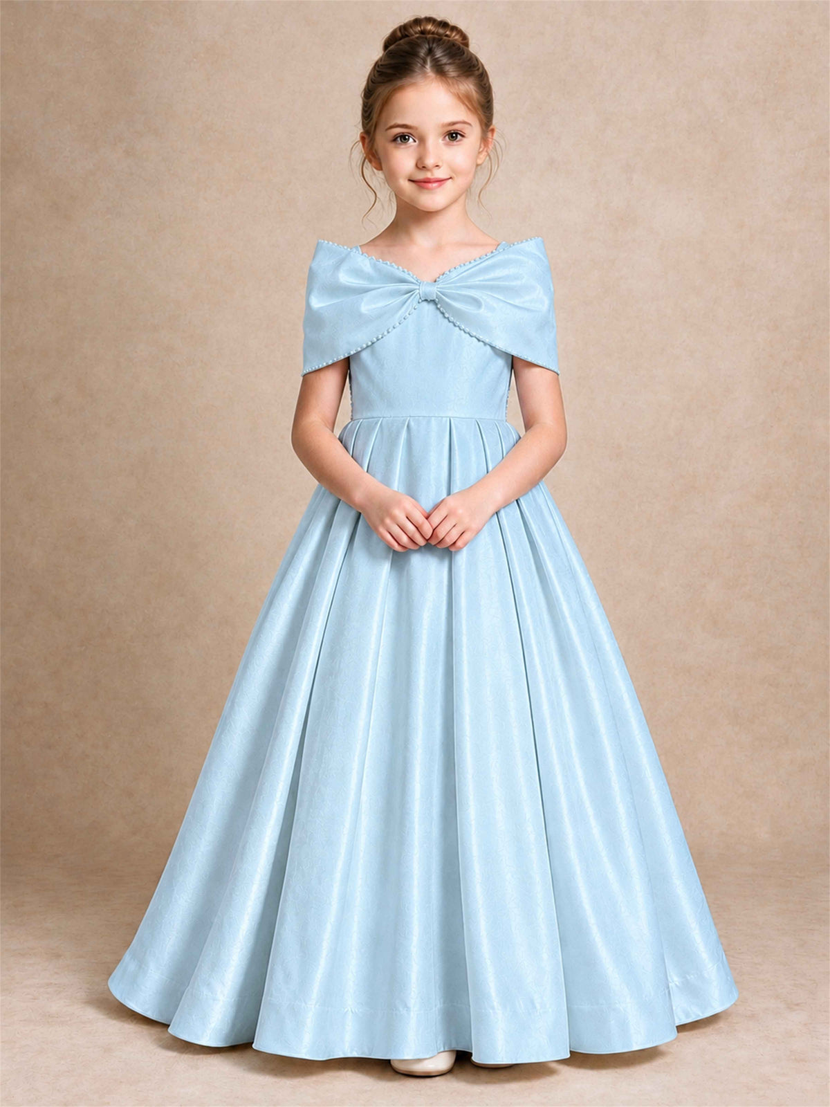 Off Shoulder Satin Flower Girl Dress Pearl Trim Big Bow Princess Gown for Wedding First Communion