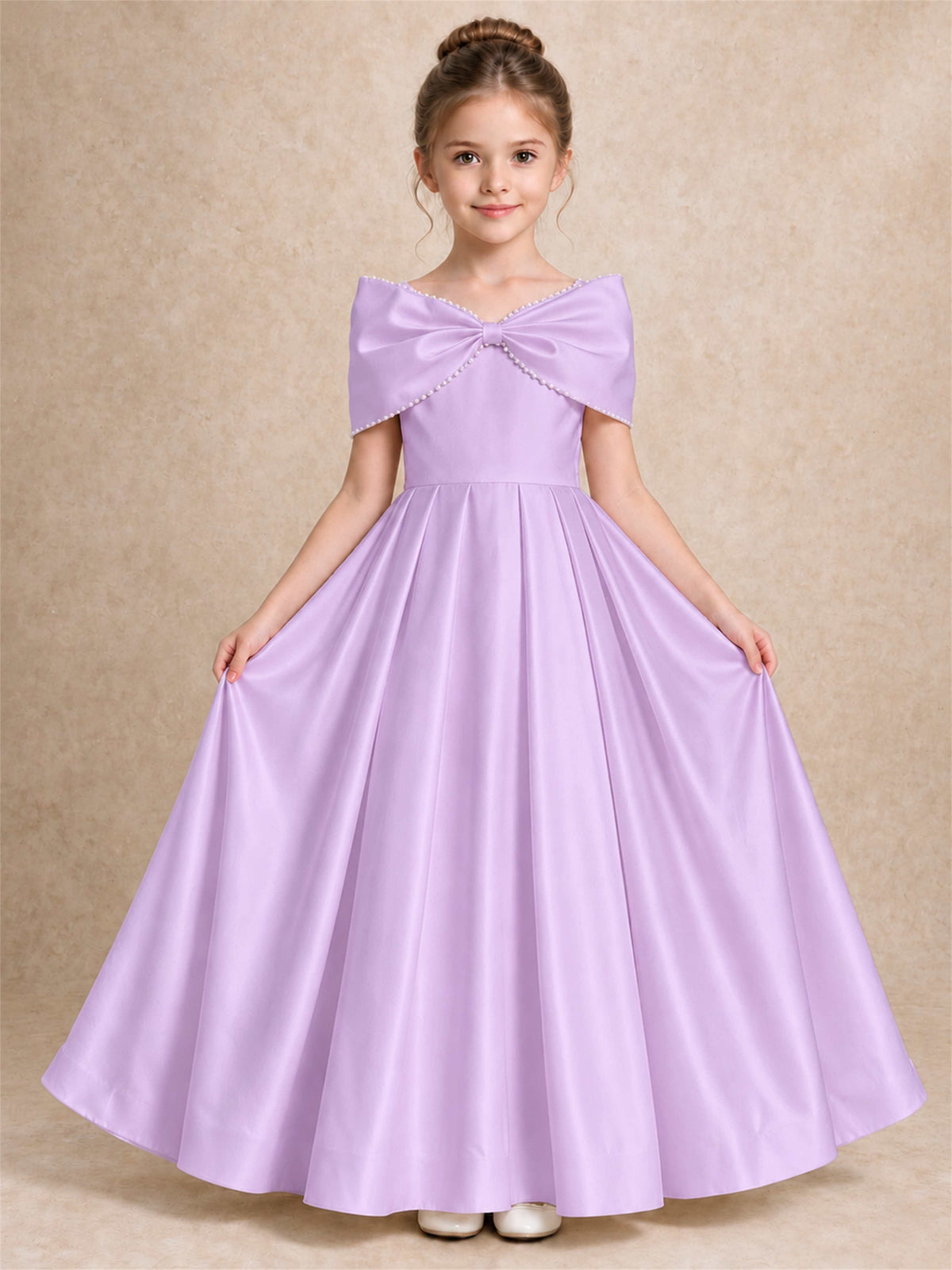 Off Shoulder Satin Flower Girl Dress Pearl Trim Big Bow Princess Gown for Wedding First Communion