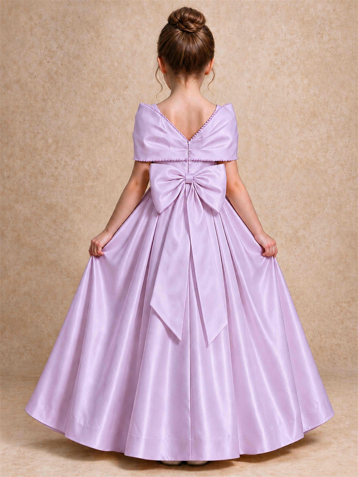 Off Shoulder Satin Flower Girl Dress Pearl Trim Big Bow Princess Gown for Wedding First Communion