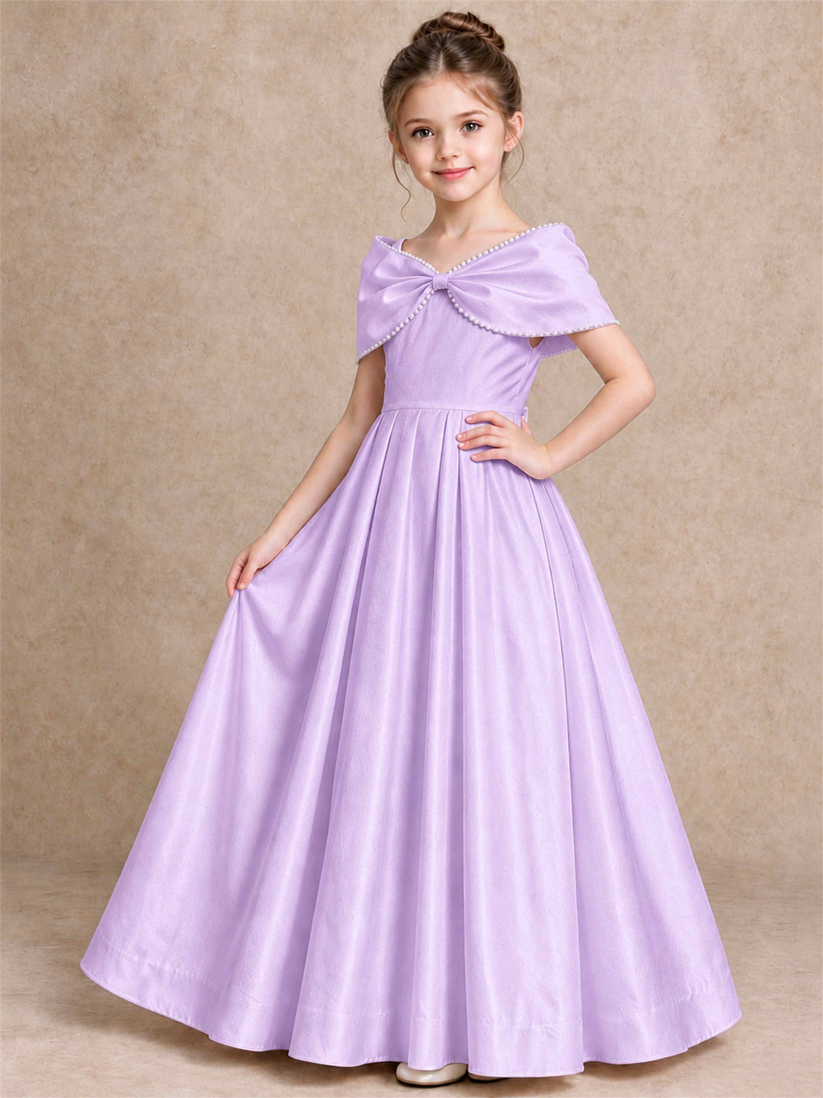 Off Shoulder Satin Flower Girl Dress Pearl Trim Big Bow Princess Gown for Wedding First Communion