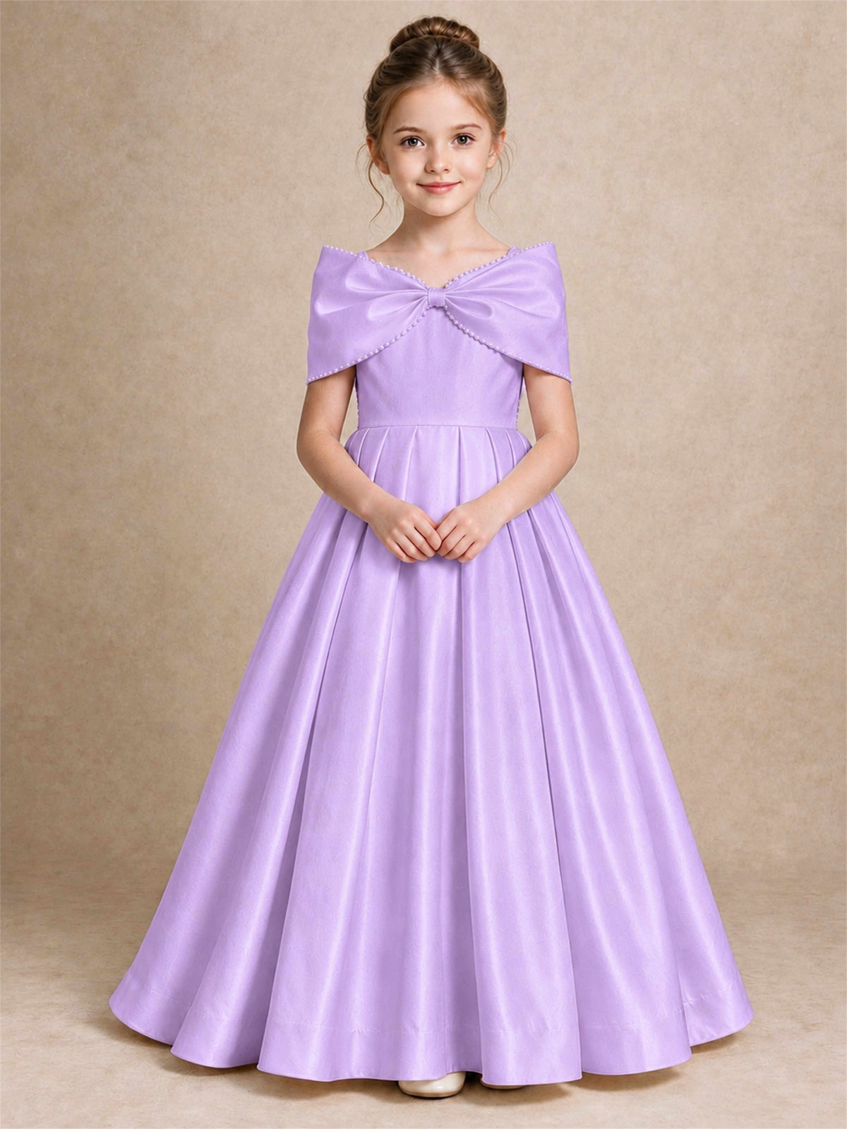 Off Shoulder Satin Flower Girl Dress Pearl Trim Big Bow Princess Gown for Wedding First Communion