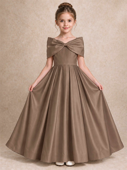 Off Shoulder Satin Flower Girl Dress Pearl Trim Big Bow Princess Gown for Wedding First Communion