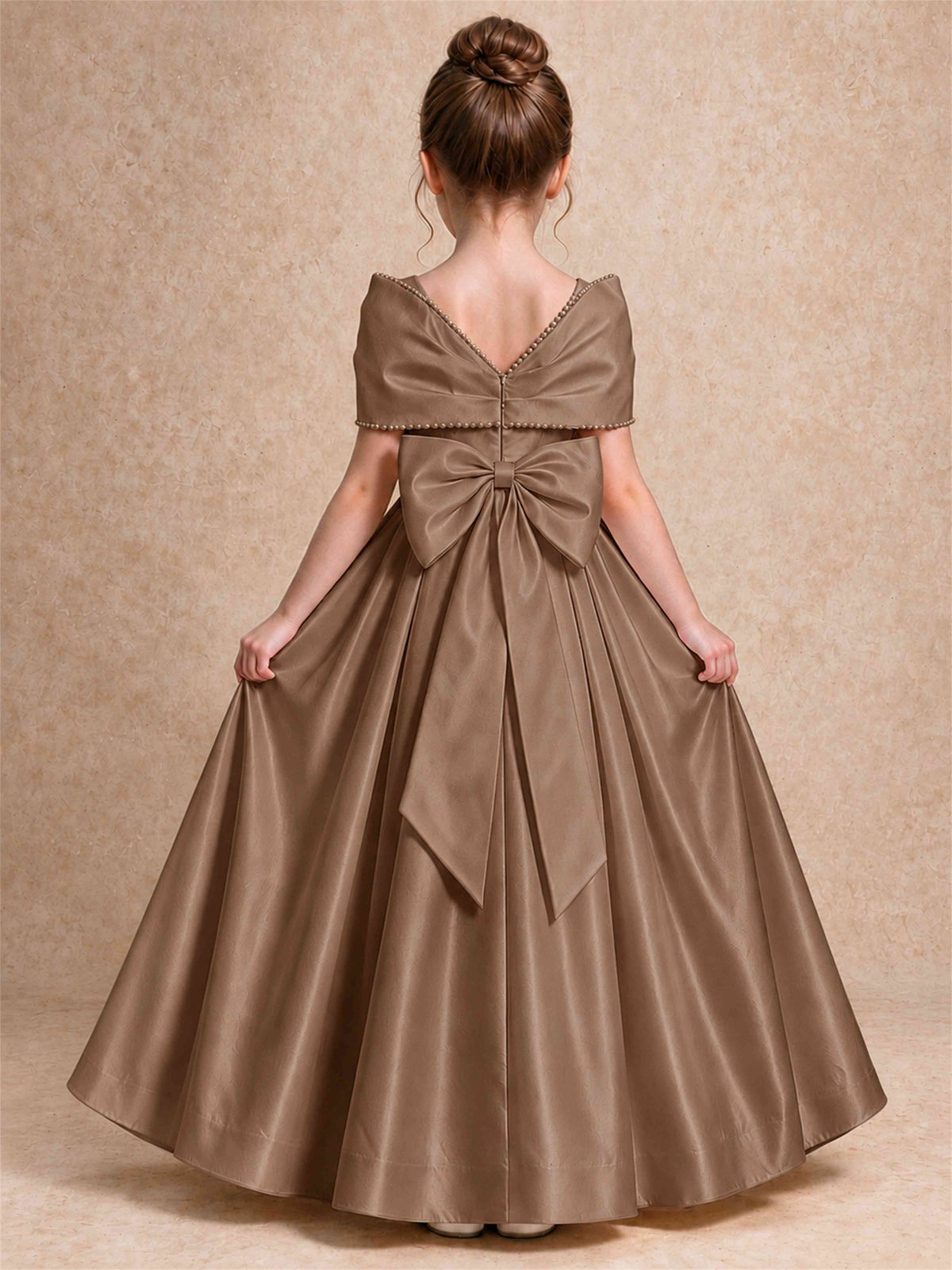 Off Shoulder Satin Flower Girl Dress Pearl Trim Big Bow Princess Gown for Wedding First Communion