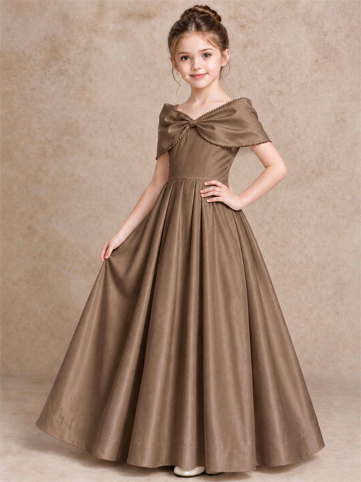 Off Shoulder Satin Flower Girl Dress Pearl Trim Big Bow Princess Gown for Wedding First Communion