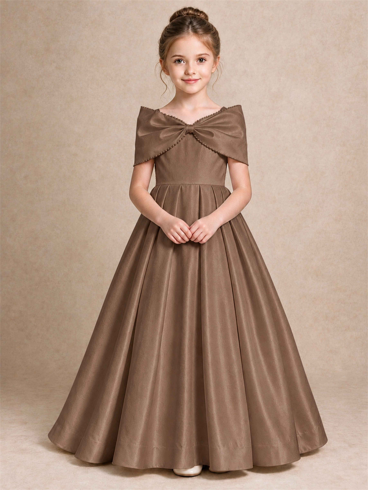 Off Shoulder Satin Flower Girl Dress Pearl Trim Big Bow Princess Gown for Wedding First Communion