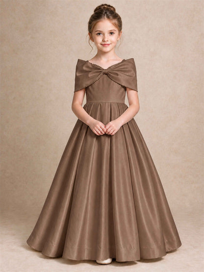 Off Shoulder Satin Flower Girl Dress Pearl Trim Big Bow Princess Gown for Wedding First Communion