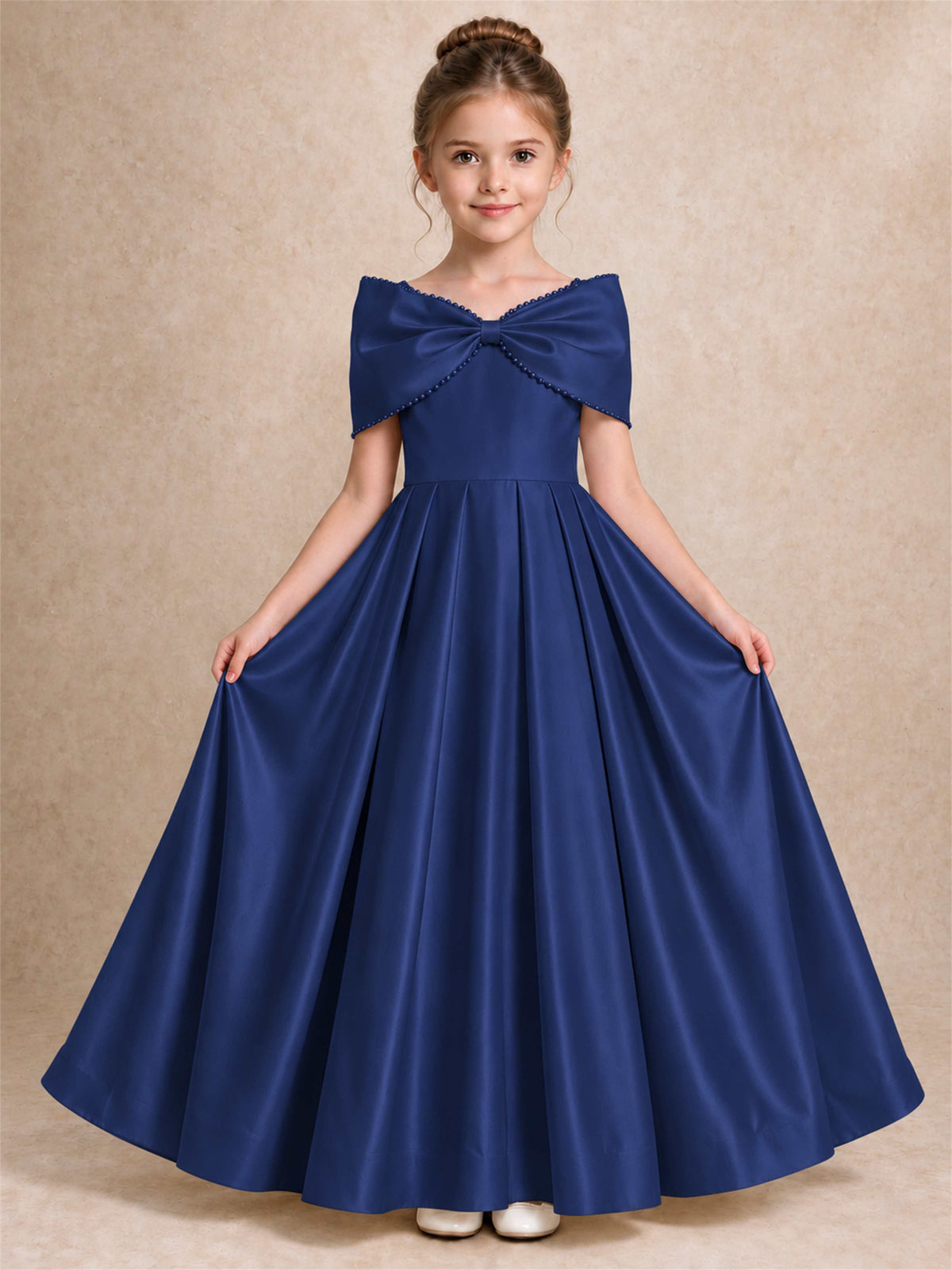 Off Shoulder Satin Flower Girl Dress Pearl Trim Big Bow Princess Gown for Wedding First Communion