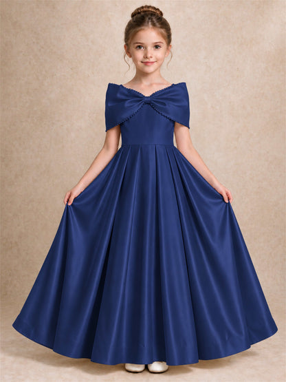 Off Shoulder Satin Flower Girl Dress Pearl Trim Big Bow Princess Gown for Wedding First Communion