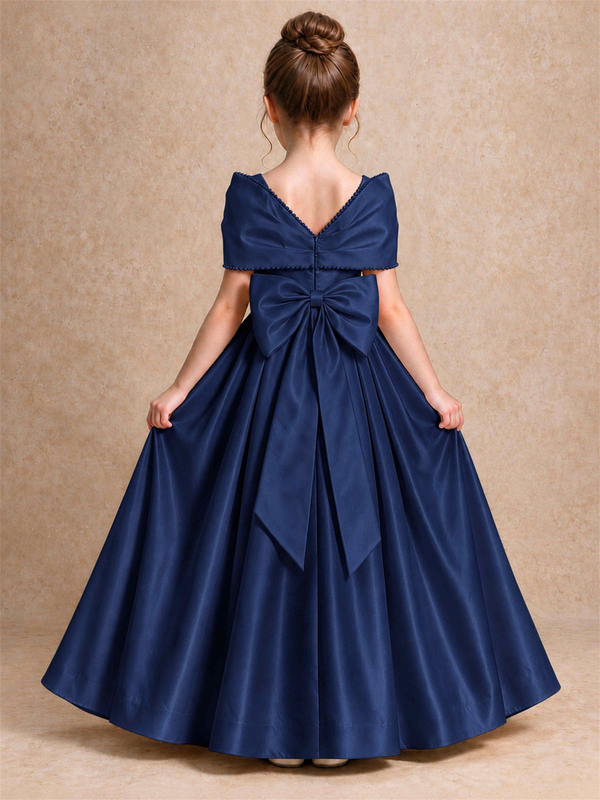 Off Shoulder Satin Flower Girl Dress Pearl Trim Big Bow Princess Gown for Wedding First Communion