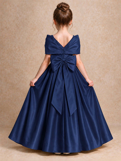 Off Shoulder Satin Flower Girl Dress Pearl Trim Big Bow Princess Gown for Wedding First Communion