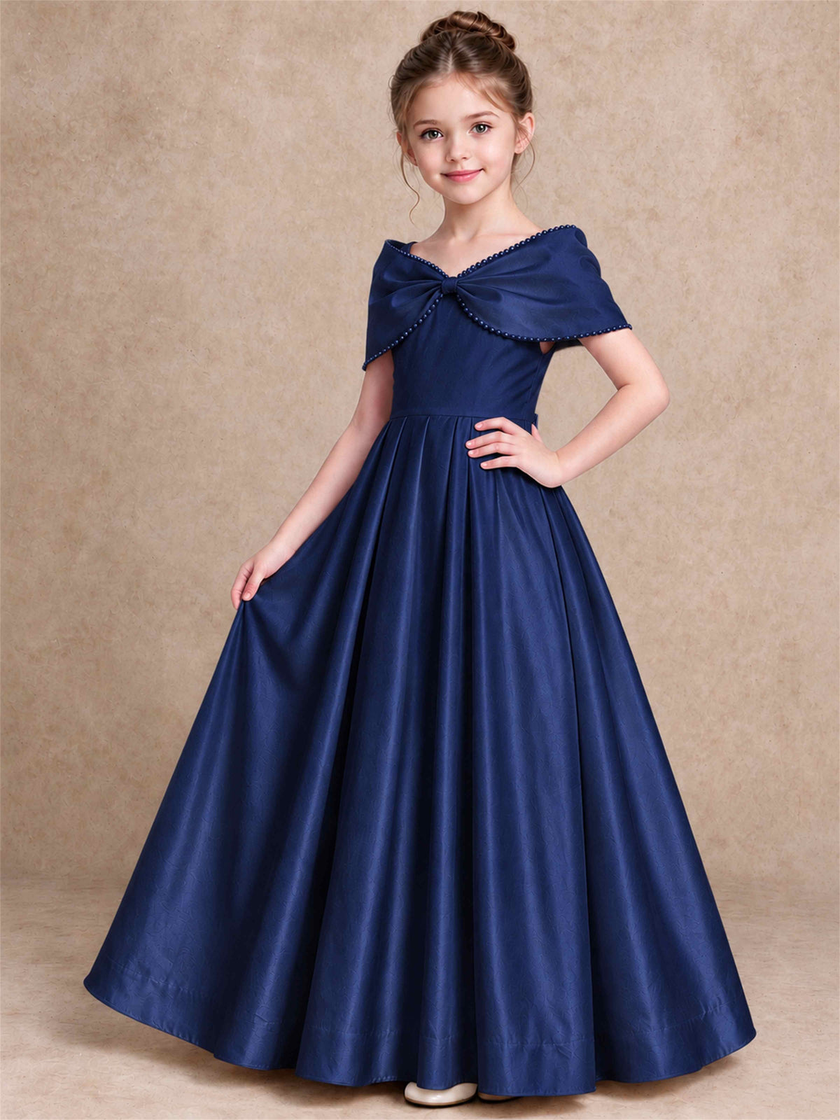 Off Shoulder Satin Flower Girl Dress Pearl Trim Big Bow Princess Gown for Wedding First Communion