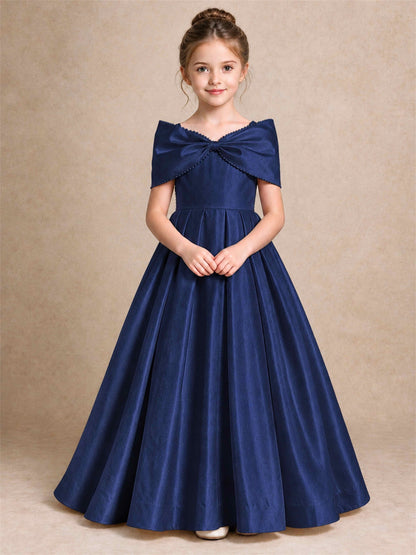 Off Shoulder Satin Flower Girl Dress Pearl Trim Big Bow Princess Gown for Wedding First Communion