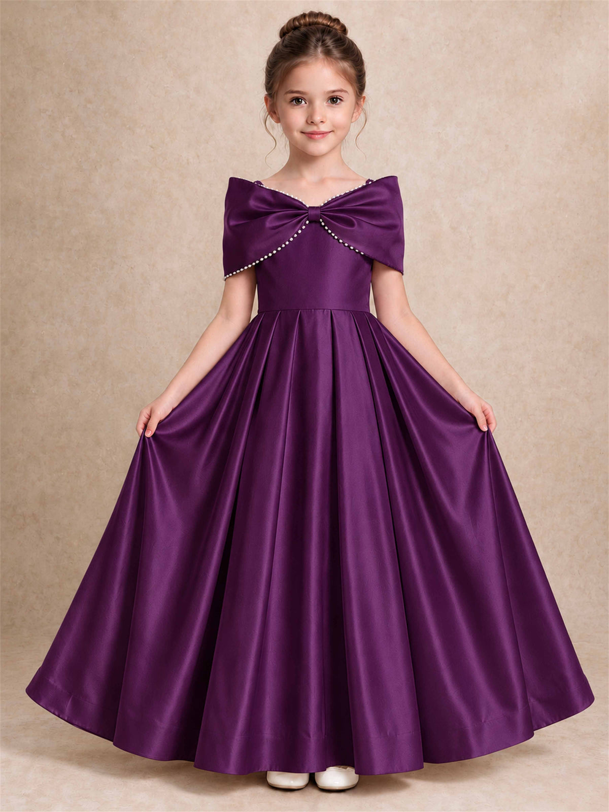 Off Shoulder Satin Flower Girl Dress Pearl Trim Big Bow Princess Gown for Wedding First Communion