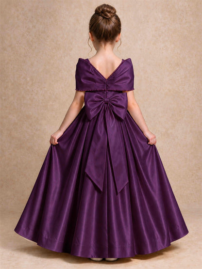Off Shoulder Satin Flower Girl Dress Pearl Trim Big Bow Princess Gown for Wedding First Communion
