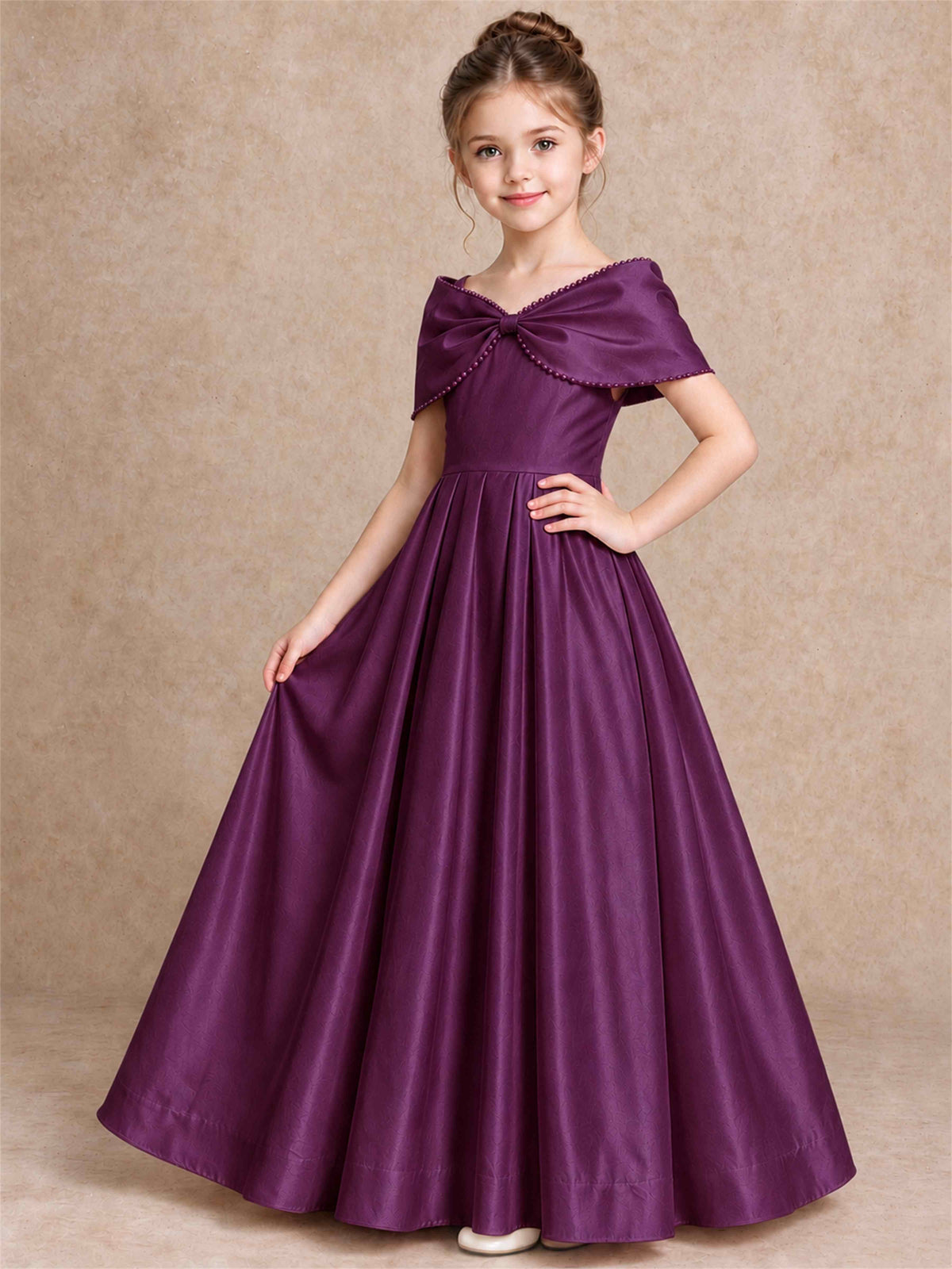 Off Shoulder Satin Flower Girl Dress Pearl Trim Big Bow Princess Gown for Wedding First Communion