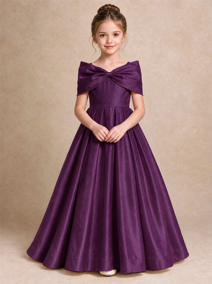 Off Shoulder Satin Flower Girl Dress Pearl Trim Big Bow Princess Gown for Wedding First Communion