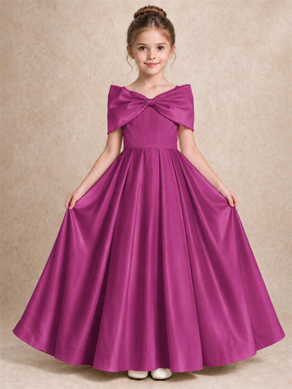 Off Shoulder Satin Flower Girl Dress Pearl Trim Big Bow Princess Gown for Wedding First Communion