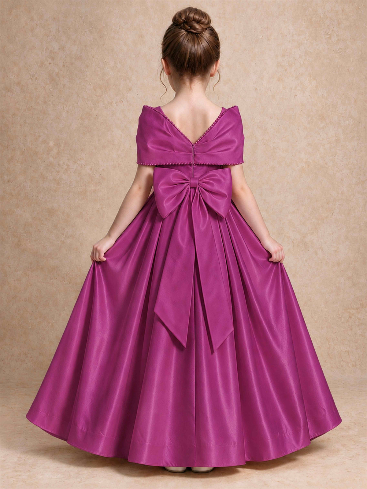 Off Shoulder Satin Flower Girl Dress Pearl Trim Big Bow Princess Gown for Wedding First Communion