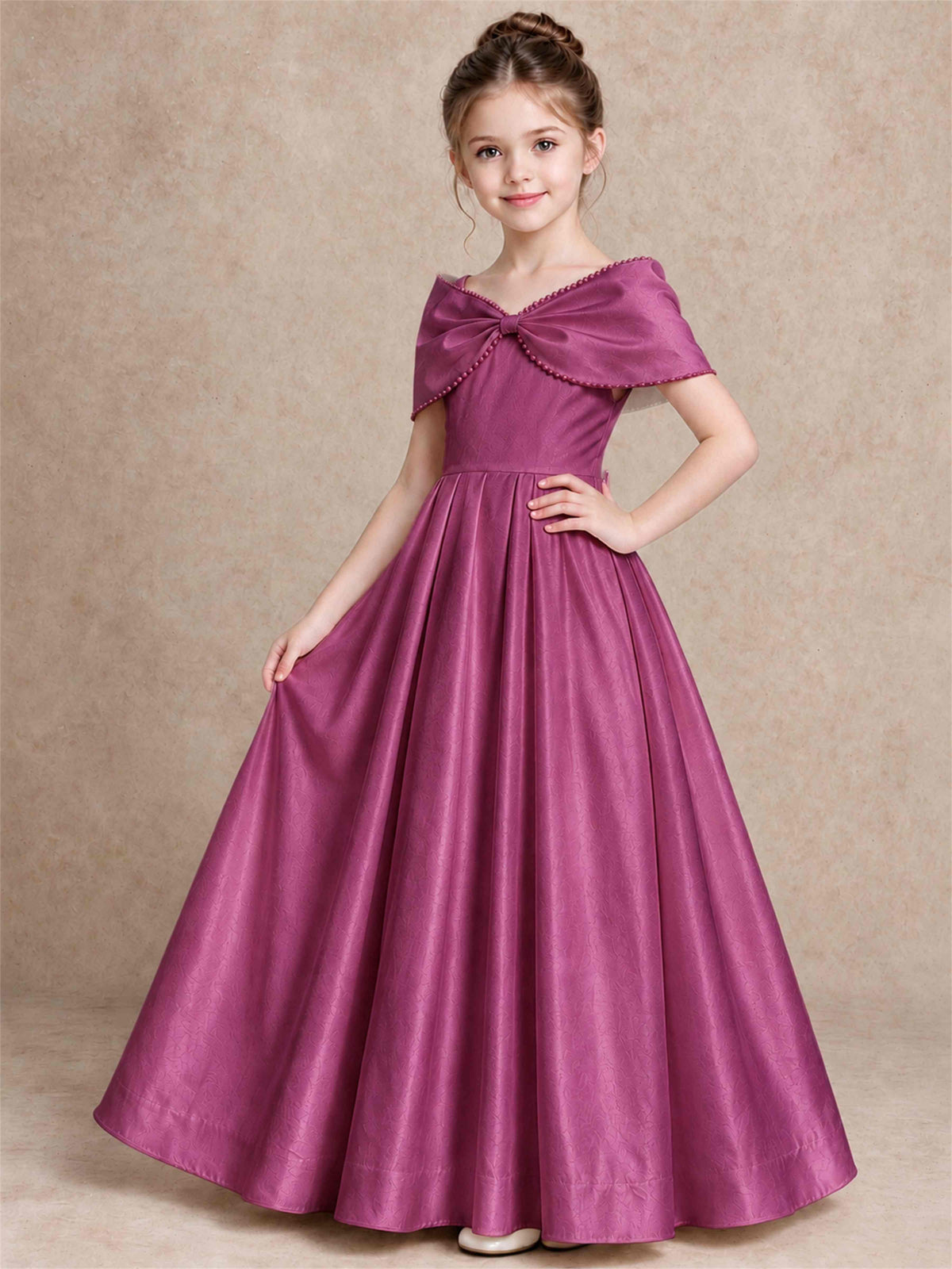Off Shoulder Satin Flower Girl Dress Pearl Trim Big Bow Princess Gown for Wedding First Communion