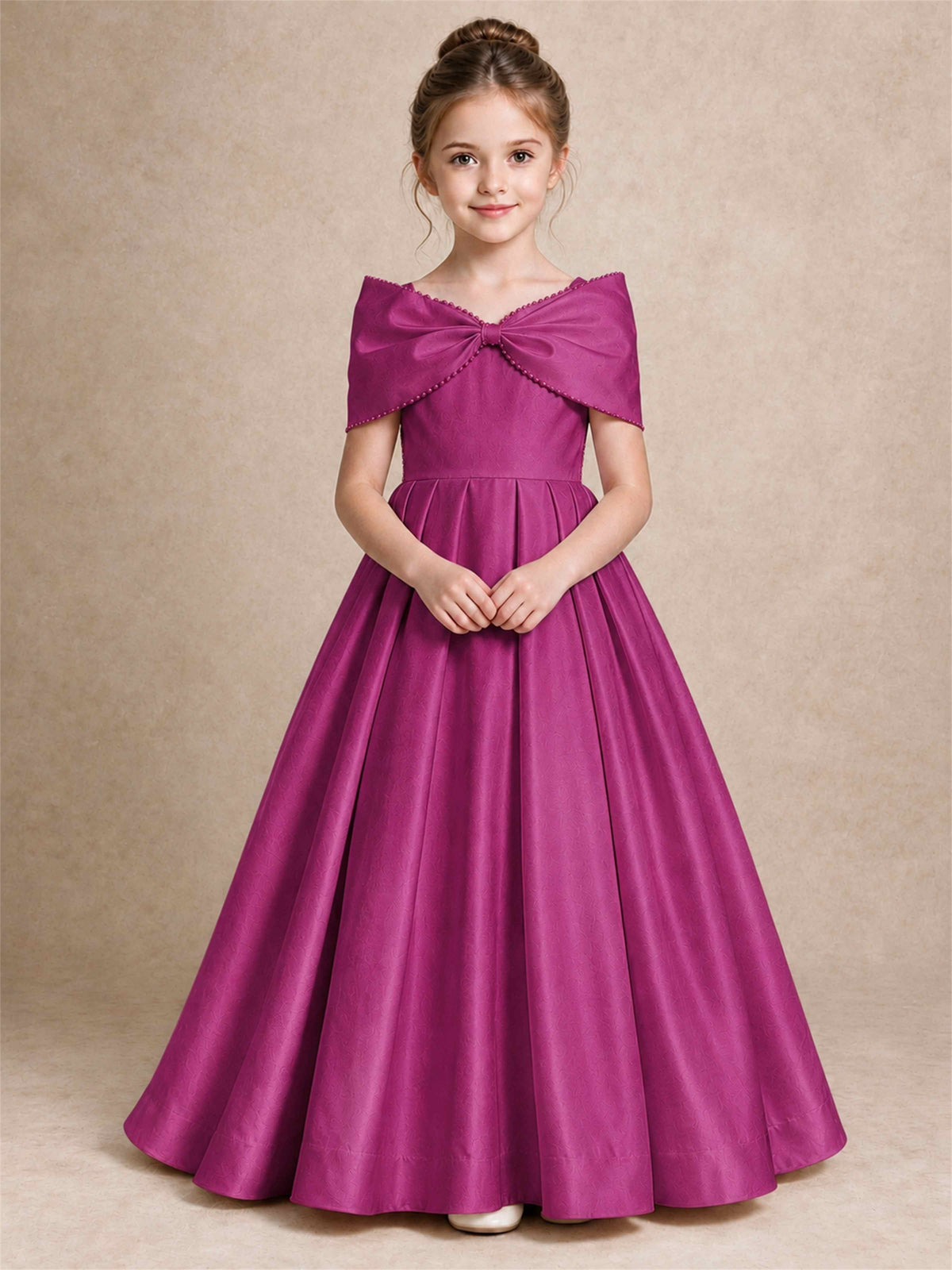 Off Shoulder Satin Flower Girl Dress Pearl Trim Big Bow Princess Gown for Wedding First Communion