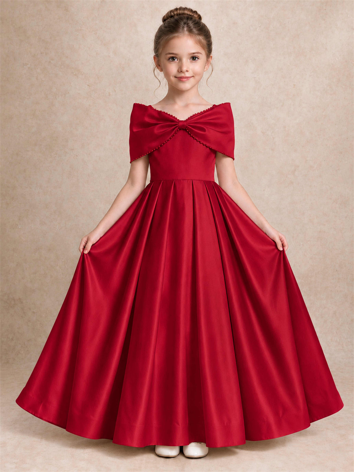 Off Shoulder Satin Flower Girl Dress Pearl Trim Big Bow Princess Gown for Wedding First Communion
