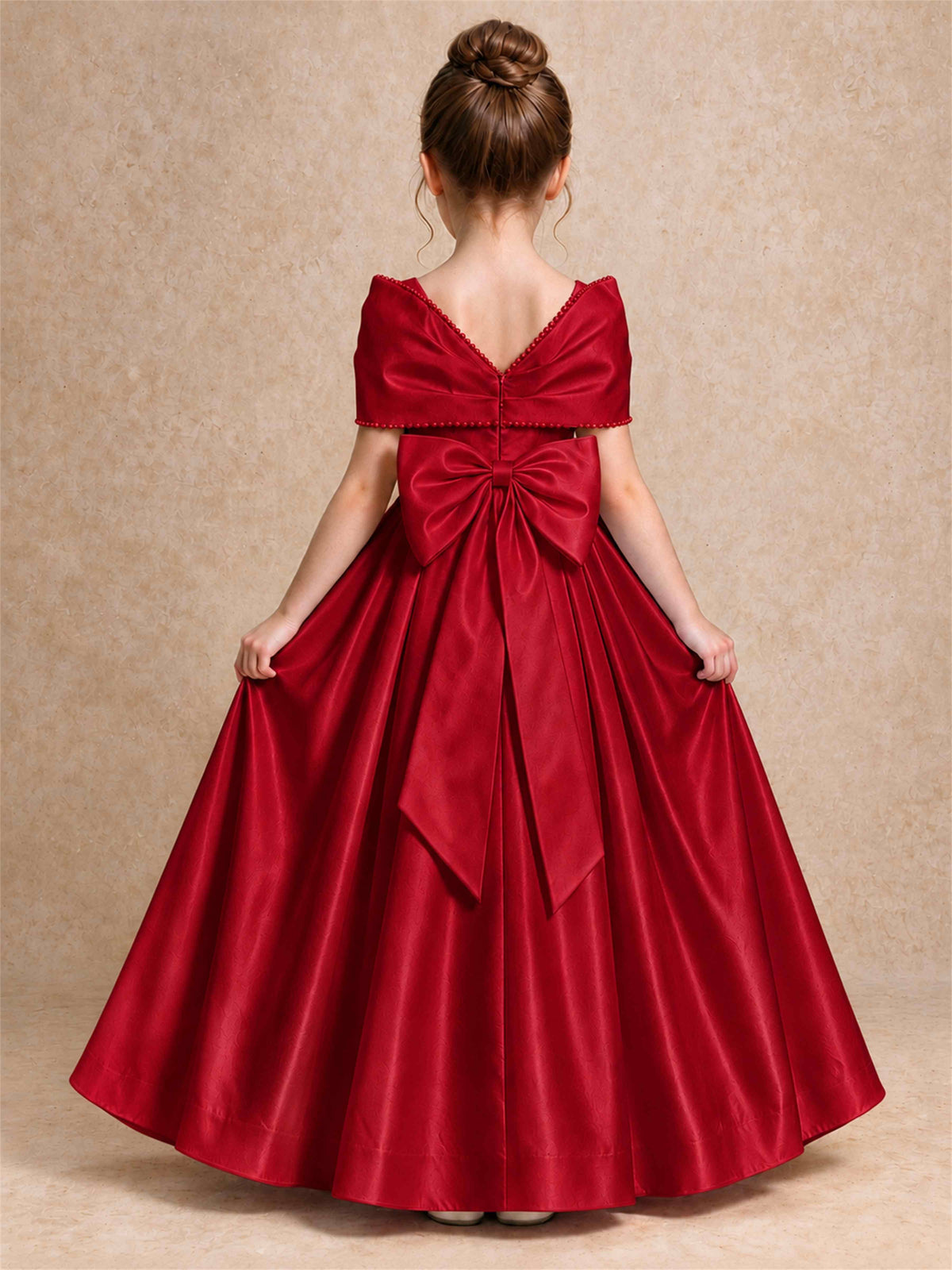 Off Shoulder Satin Flower Girl Dress Pearl Trim Big Bow Princess Gown for Wedding First Communion