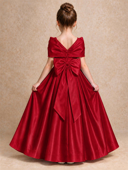 Off Shoulder Satin Flower Girl Dress Pearl Trim Big Bow Princess Gown for Wedding First Communion