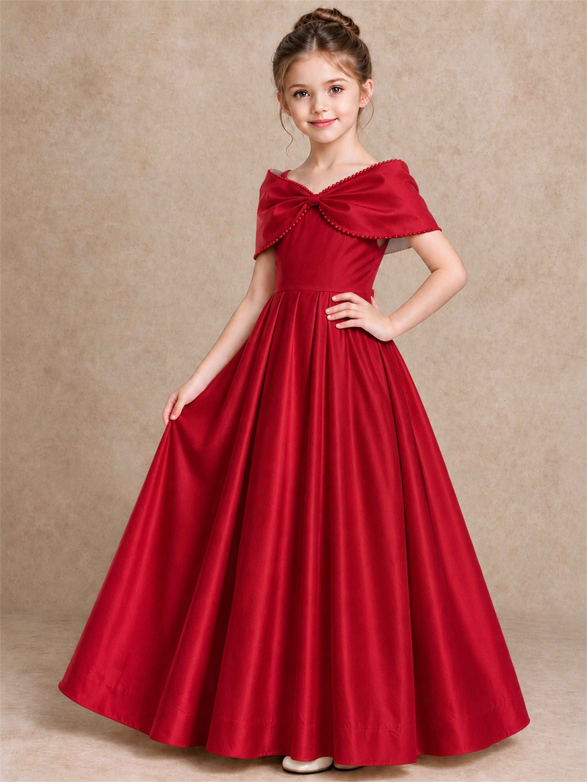 Off Shoulder Satin Flower Girl Dress Pearl Trim Big Bow Princess Gown for Wedding First Communion