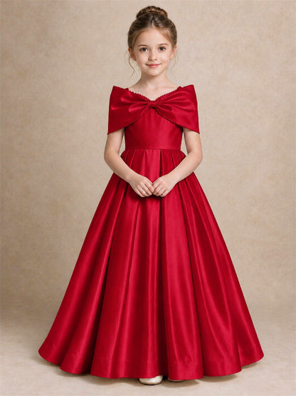 Off Shoulder Satin Flower Girl Dress Pearl Trim Big Bow Princess Gown for Wedding First Communion