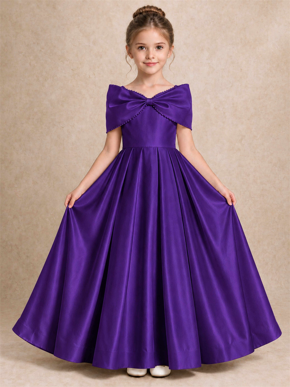 Off Shoulder Satin Flower Girl Dress Pearl Trim Big Bow Princess Gown for Wedding First Communion