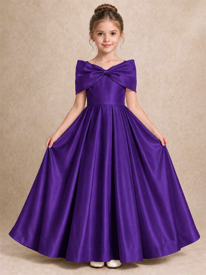 Off Shoulder Satin Flower Girl Dress Pearl Trim Big Bow Princess Gown for Wedding First Communion