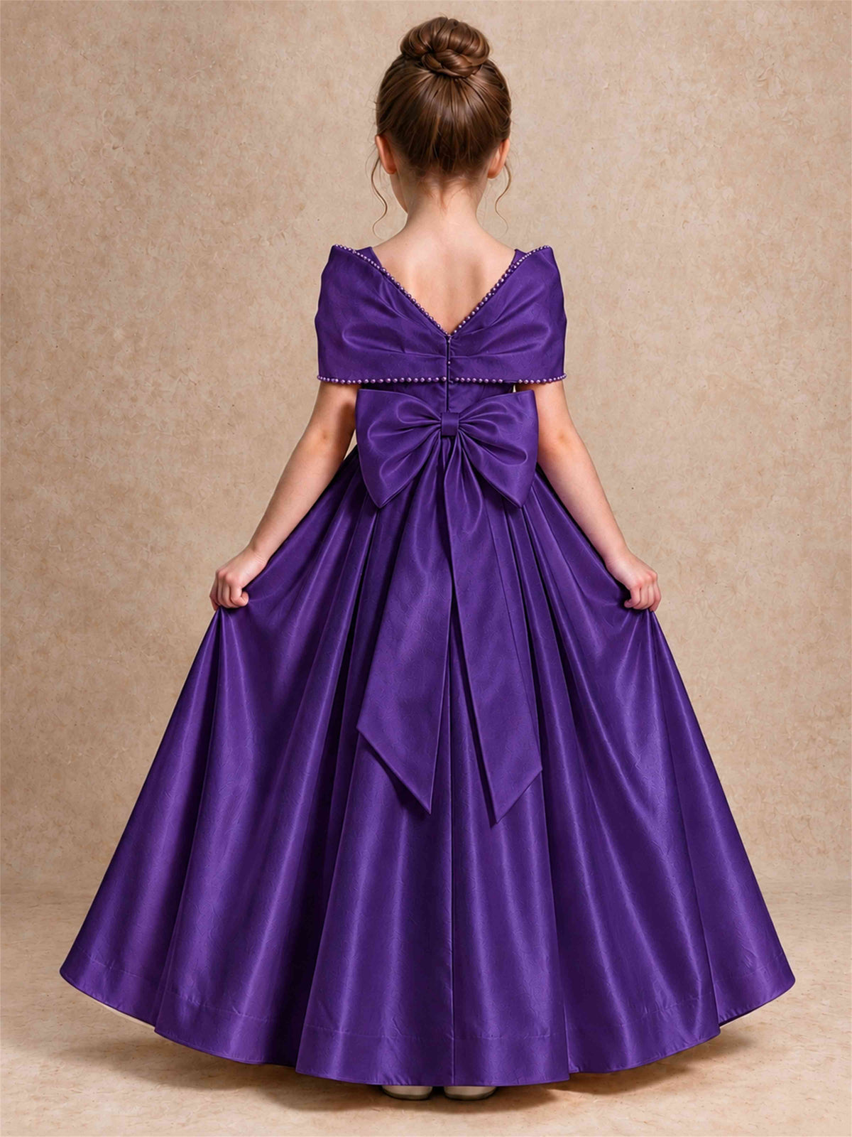 Off Shoulder Satin Flower Girl Dress Pearl Trim Big Bow Princess Gown for Wedding First Communion