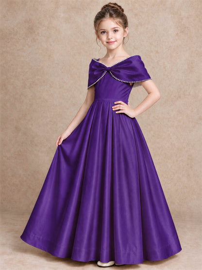 Off Shoulder Satin Flower Girl Dress Pearl Trim Big Bow Princess Gown for Wedding First Communion
