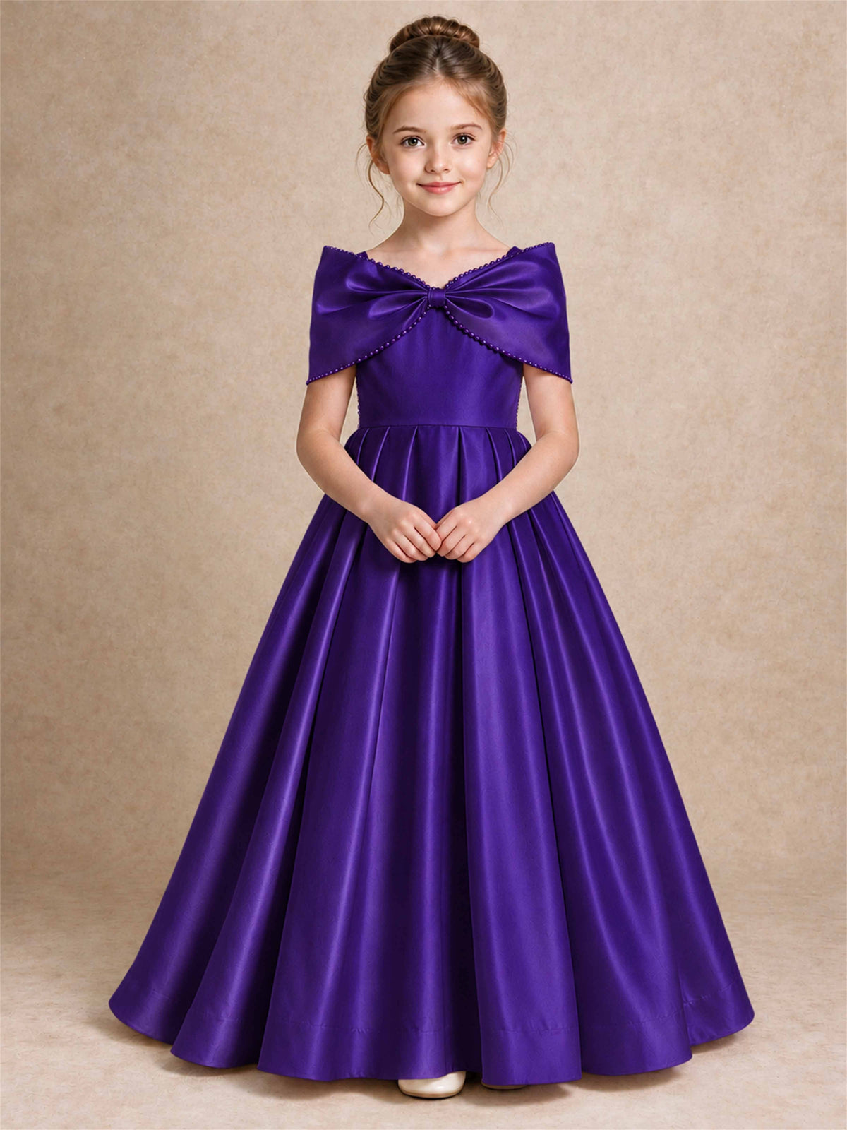 Off Shoulder Satin Flower Girl Dress Pearl Trim Big Bow Princess Gown for Wedding First Communion