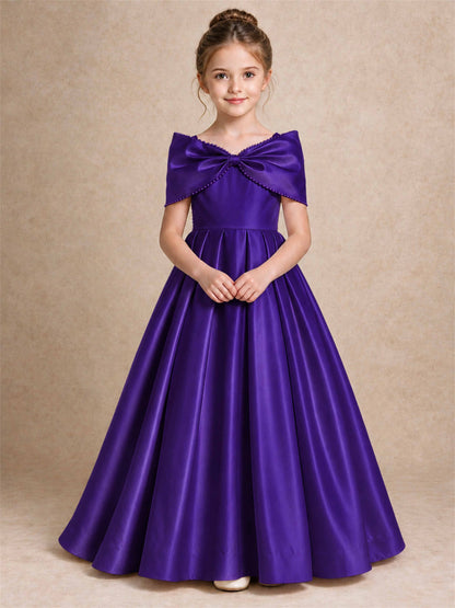 Off Shoulder Satin Flower Girl Dress Pearl Trim Big Bow Princess Gown for Wedding First Communion